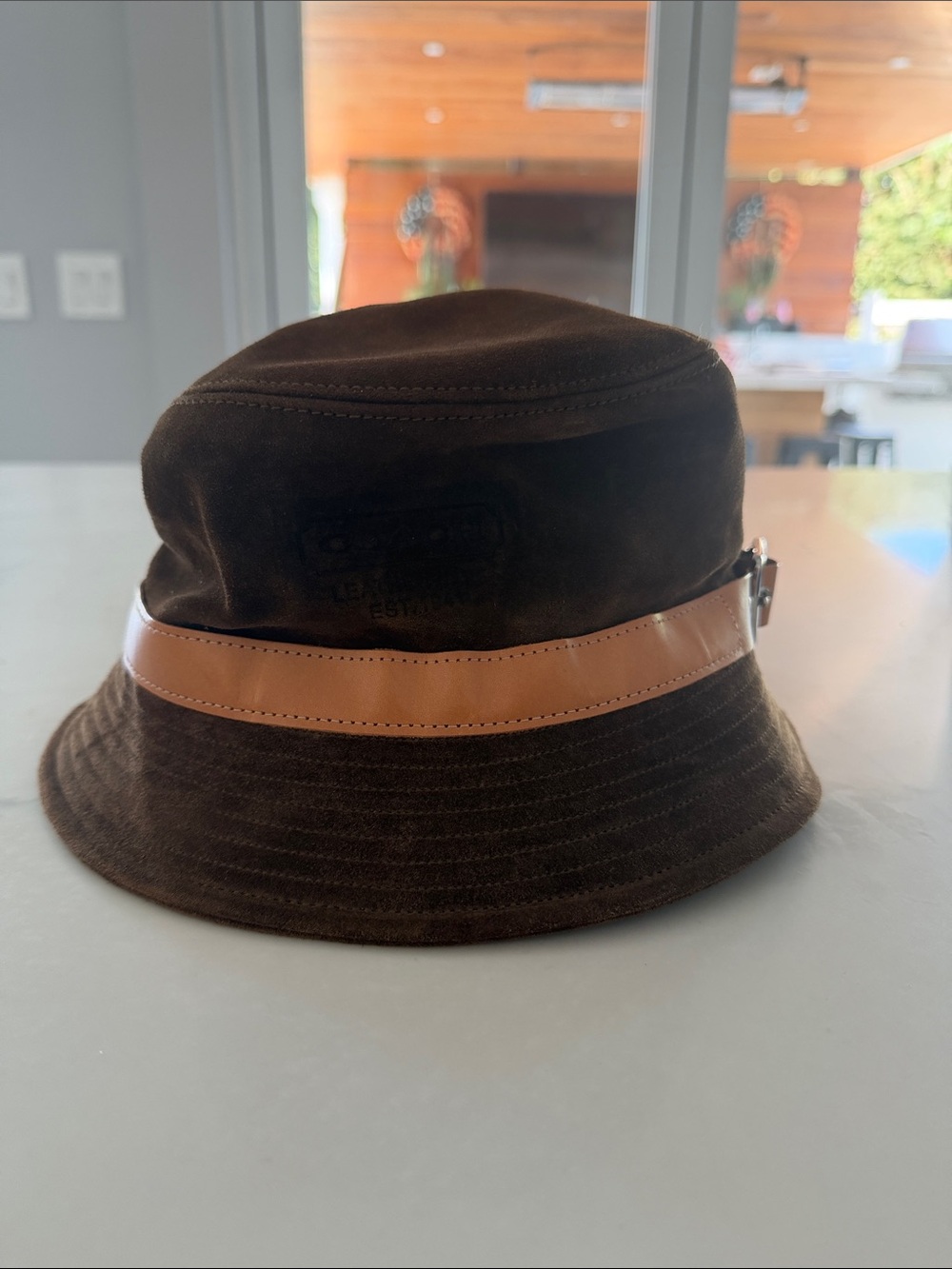 Women’s Brown Suede Coach Bucket Hat with Tan Leather Band